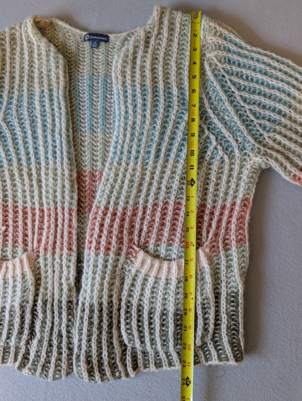 Democracy Wool Blend Open Front Ribbed Open Knit Multicolor Stripe Cardigan Sz L image 9